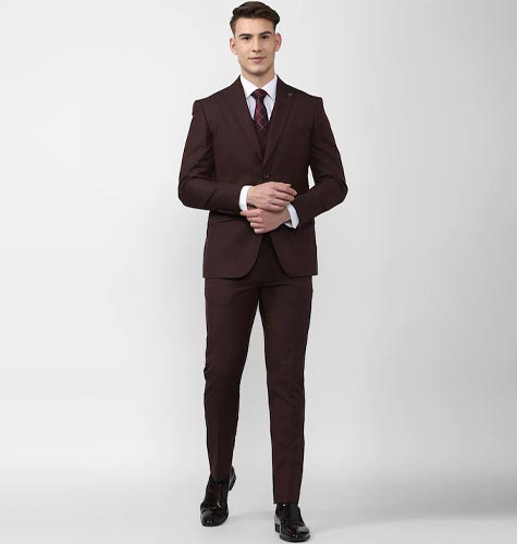 Men Maroon Solid Single-Breasted 3 Piece Formal Suit